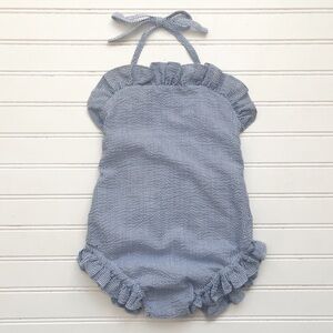 EUC High Quality Seersucker Lined Ruffle Halter Smocked Back One Piece Swimsuit